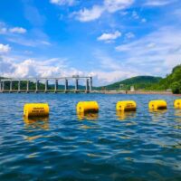 7-14 new Yellow Buoys - orange log boom at damjpg