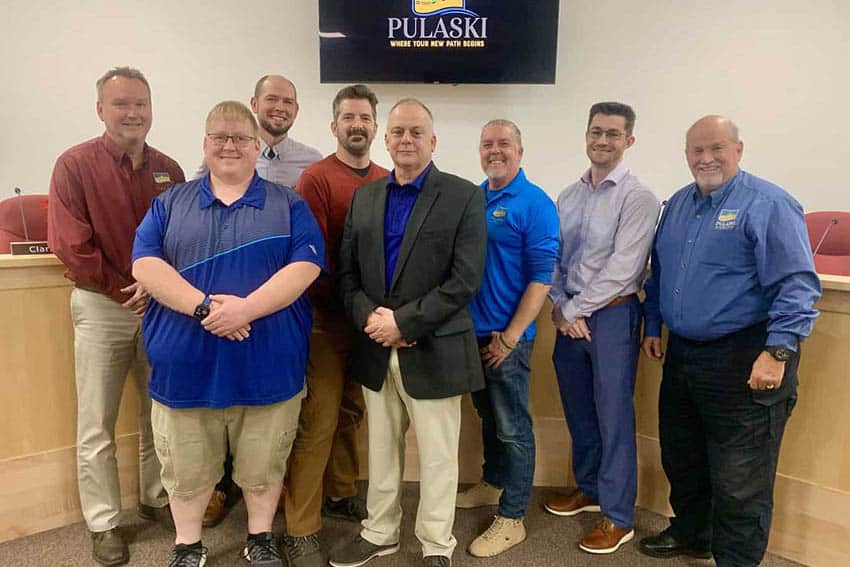 Pulaski Council with new Town Manager (From left:) Greg East, Jeremy Clark, Brooks Dawson, Michael Reis, Todd Day (new Town Manager), Shannon Collins, Tyler Clontz and Jamie Radcliffe
