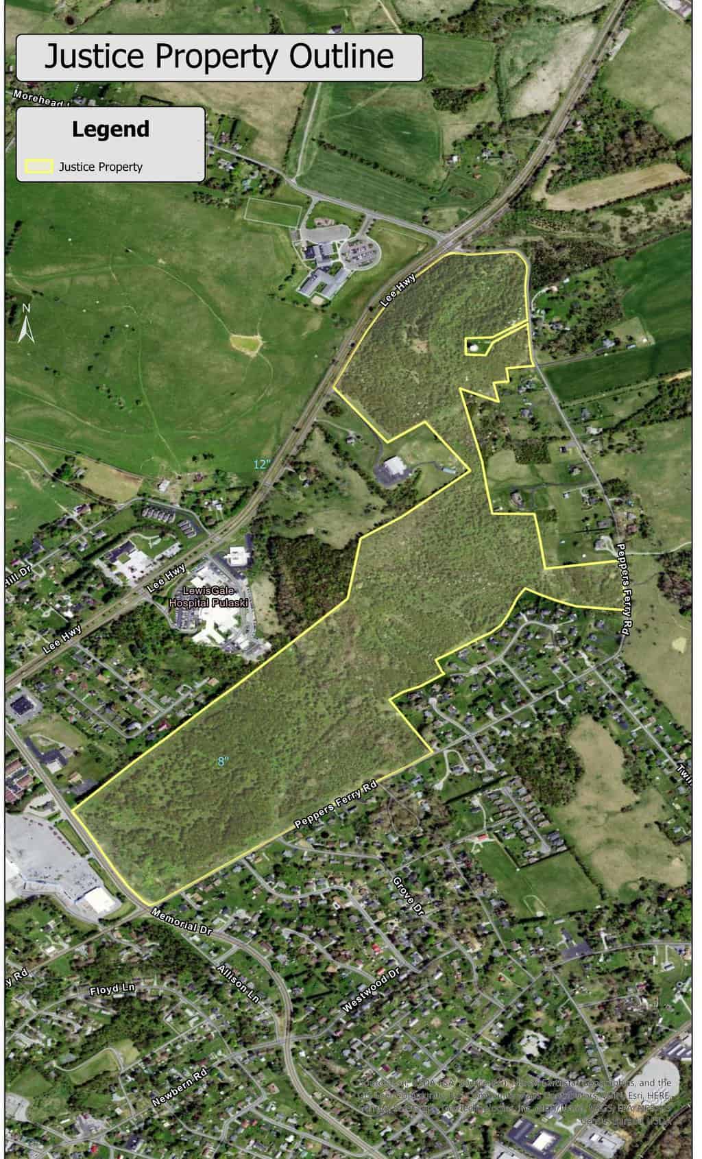 Justice Property – 155 Acres: The area outlined in yellow represents the 155-acre tract of undeveloped land purchased by the Town of Pulaski in December 2023. The former owner of this property was West Virginia Governor Jim Justice. Courtesy of Town of Pulaski