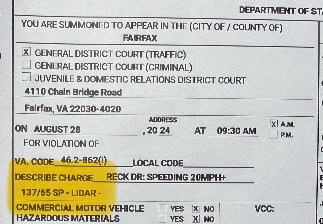 7 12 VSP Speeding 137 Summons FFX Co on I495