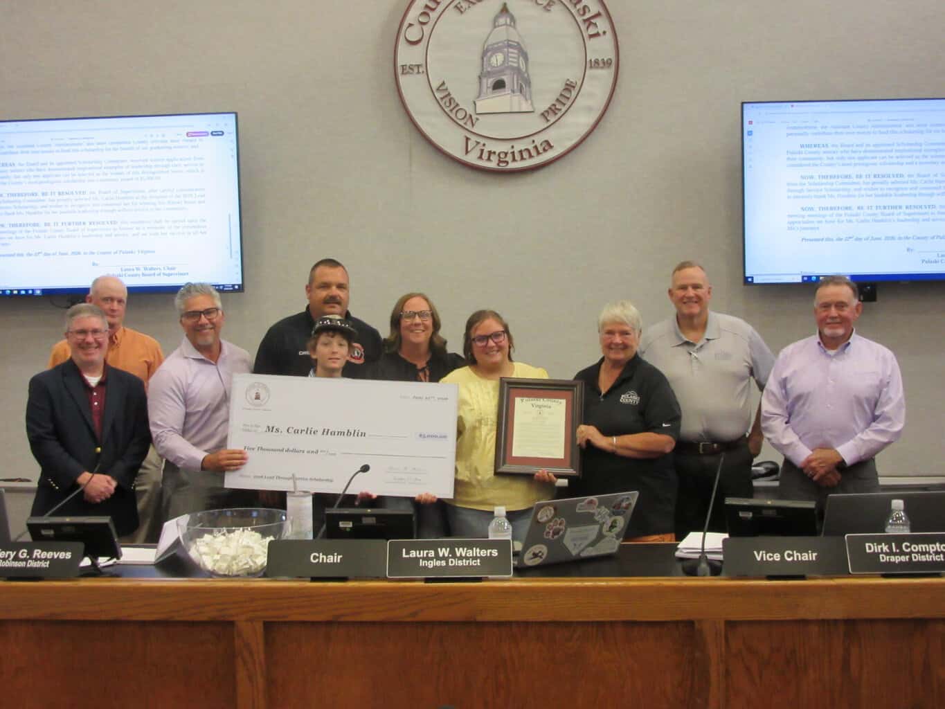 Board of Supervisors awards prestigious 2026 Lead Through Service Scholarship to Carlie Hamblin 1 6 26 bos scholarship scaled