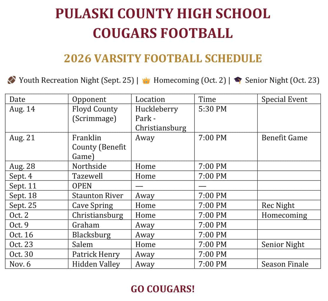 2026 Cougar Football Schedule released 4 PCHS 2026 Football Schedule Media Release
